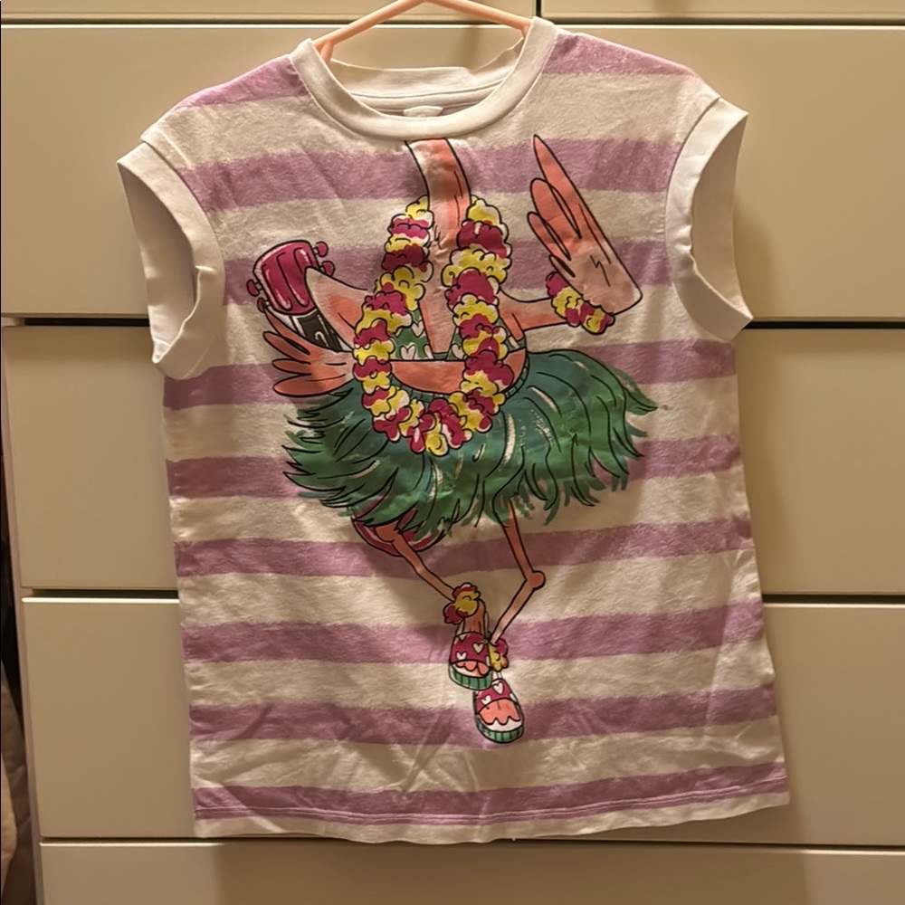 Purple and Green Striped Tee with Cartoon Graphic